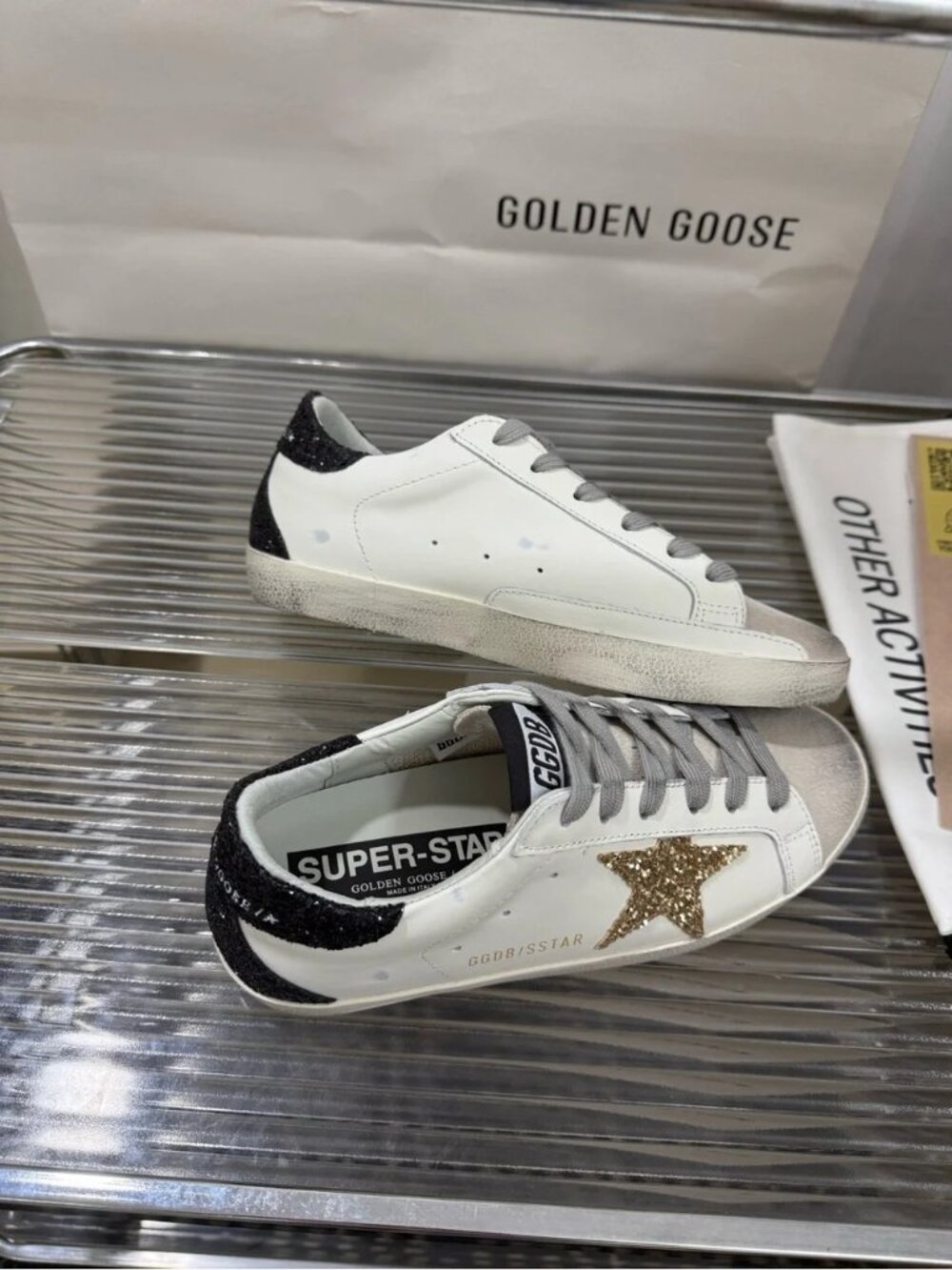 Golden Goose White Sneakers with Gold Glitter Star and Black Heel - Picture 3 of 9